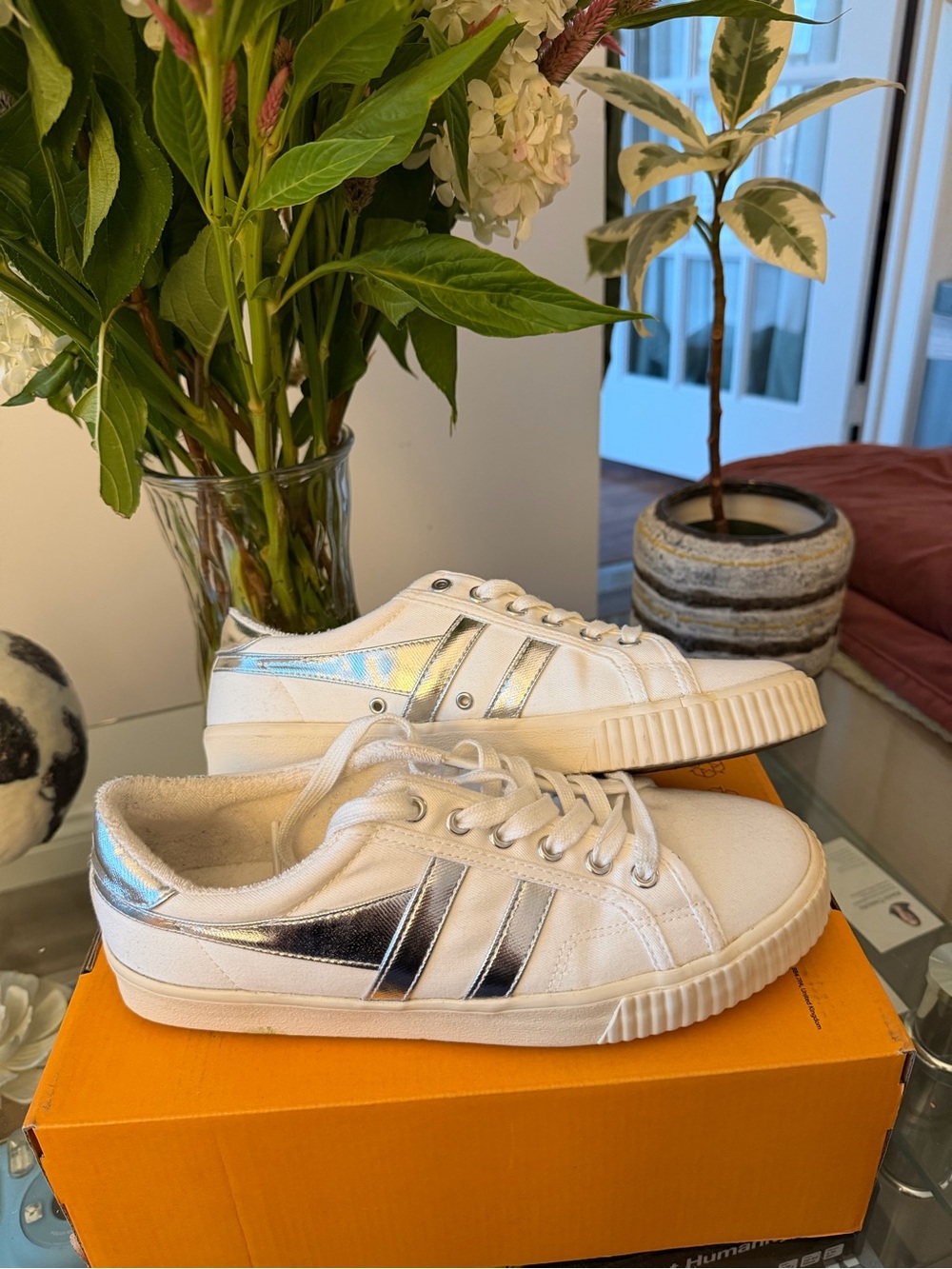 Gola White Sneakers with Silver Metallic Stripes